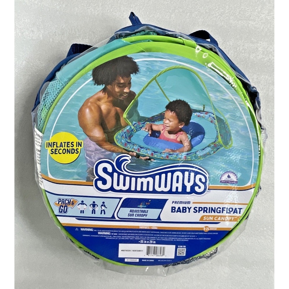 Swimways Premium Infant Baby SpringFloat Adjustable Sun Canopy Green & Blue 9+M